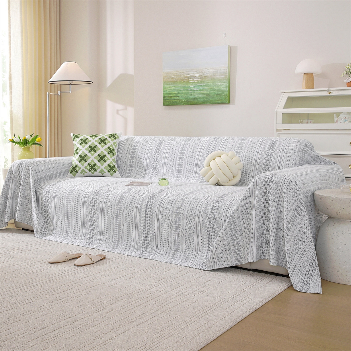 91家纺网 家纺一手货源 找家纺 共鸣沙发垫 2026新款冰豆豆沙发巾-几何人生系列 几何人生浅灰