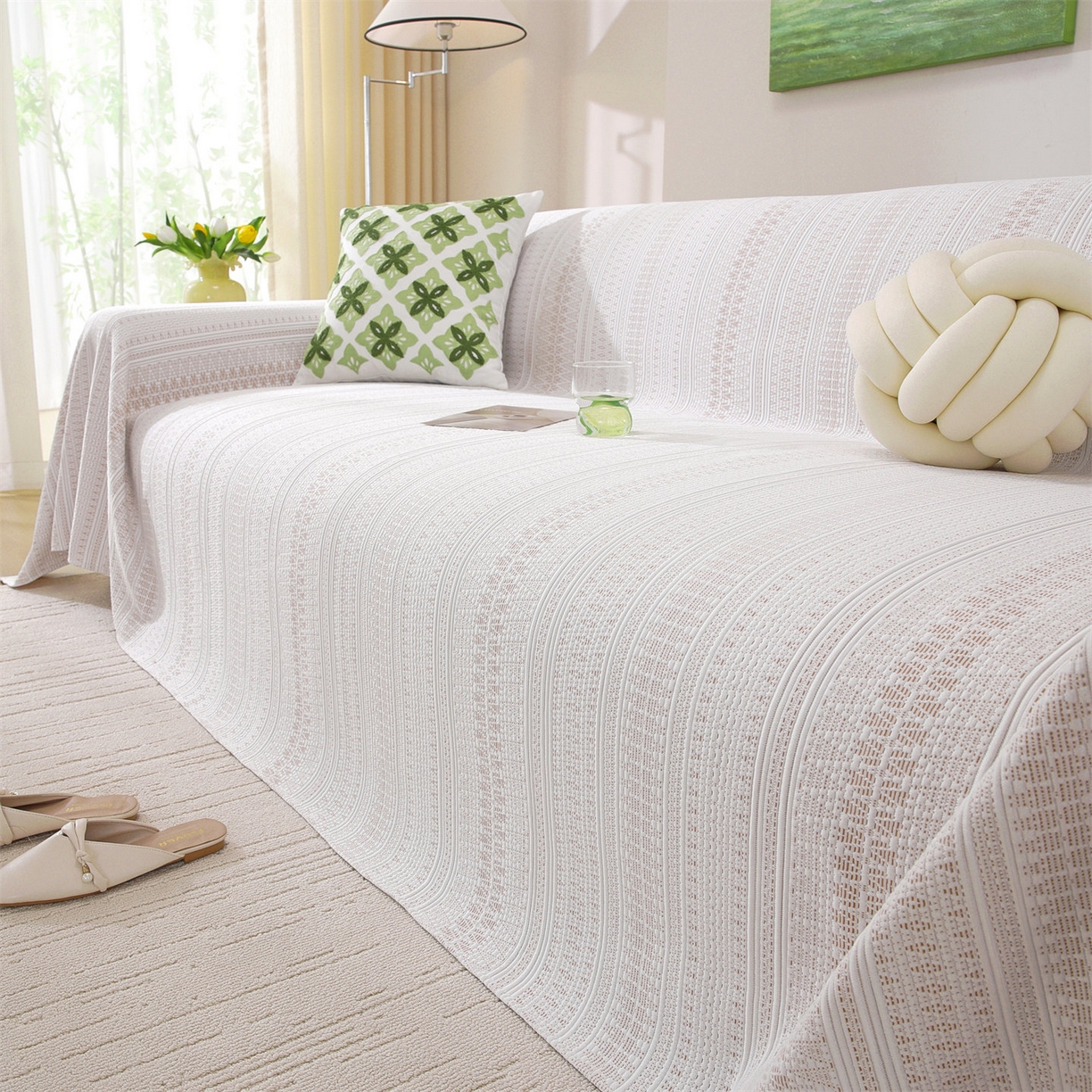 91家纺网 家纺一手货源 找家纺 共鸣沙发垫 2026新款冰豆豆沙发巾-几何人生系列 几何人生浅咖