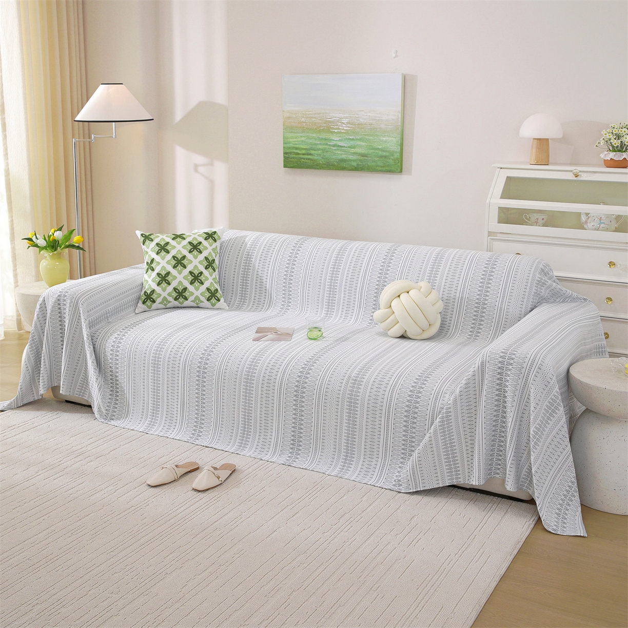 91家纺网 家纺一手货源 找家纺 共鸣沙发垫 2026新款冰豆豆沙发巾-几何人生系列 几何人生浅灰