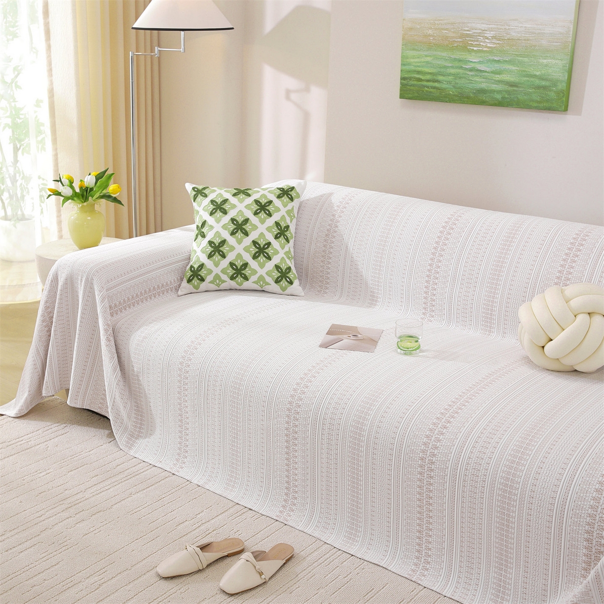 91家纺网 家纺一手货源 找家纺 共鸣沙发垫 2026新款冰豆豆沙发巾-几何人生系列 几何人生浅咖