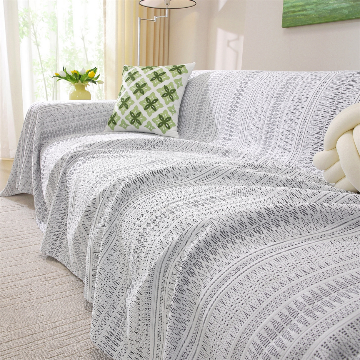 91家纺网 家纺一手货源 找家纺 共鸣沙发垫 2026新款冰豆豆沙发巾-几何人生系列 几何人生浅灰