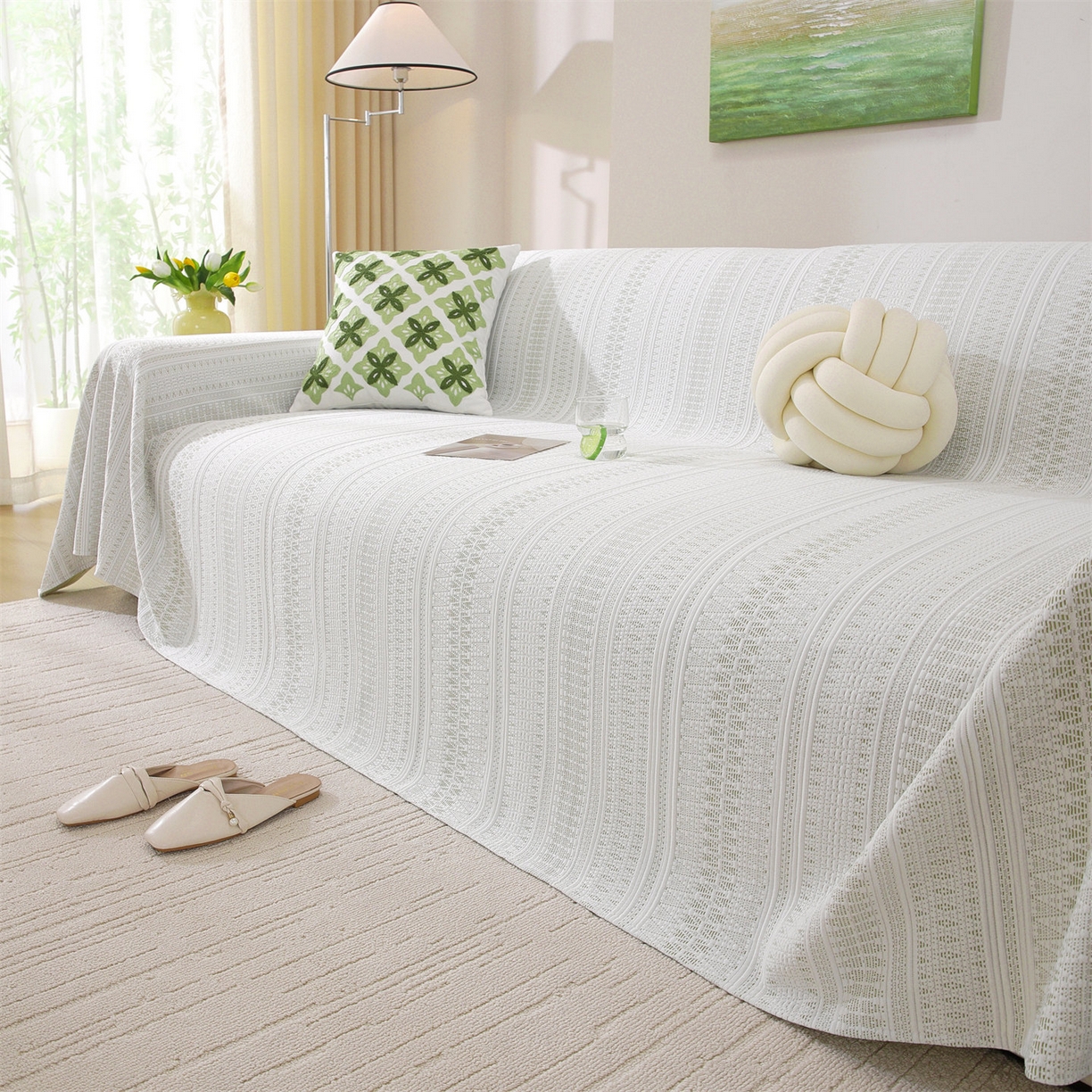 91家纺网 家纺一手货源 找家纺 共鸣沙发垫 2026新款冰豆豆沙发巾-几何人生系列 几何人生浅绿