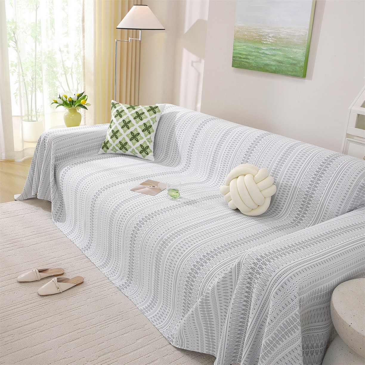 91家纺网 家纺一手货源 找家纺 共鸣沙发垫 2026新款冰豆豆沙发巾-几何人生系列 几何人生浅灰