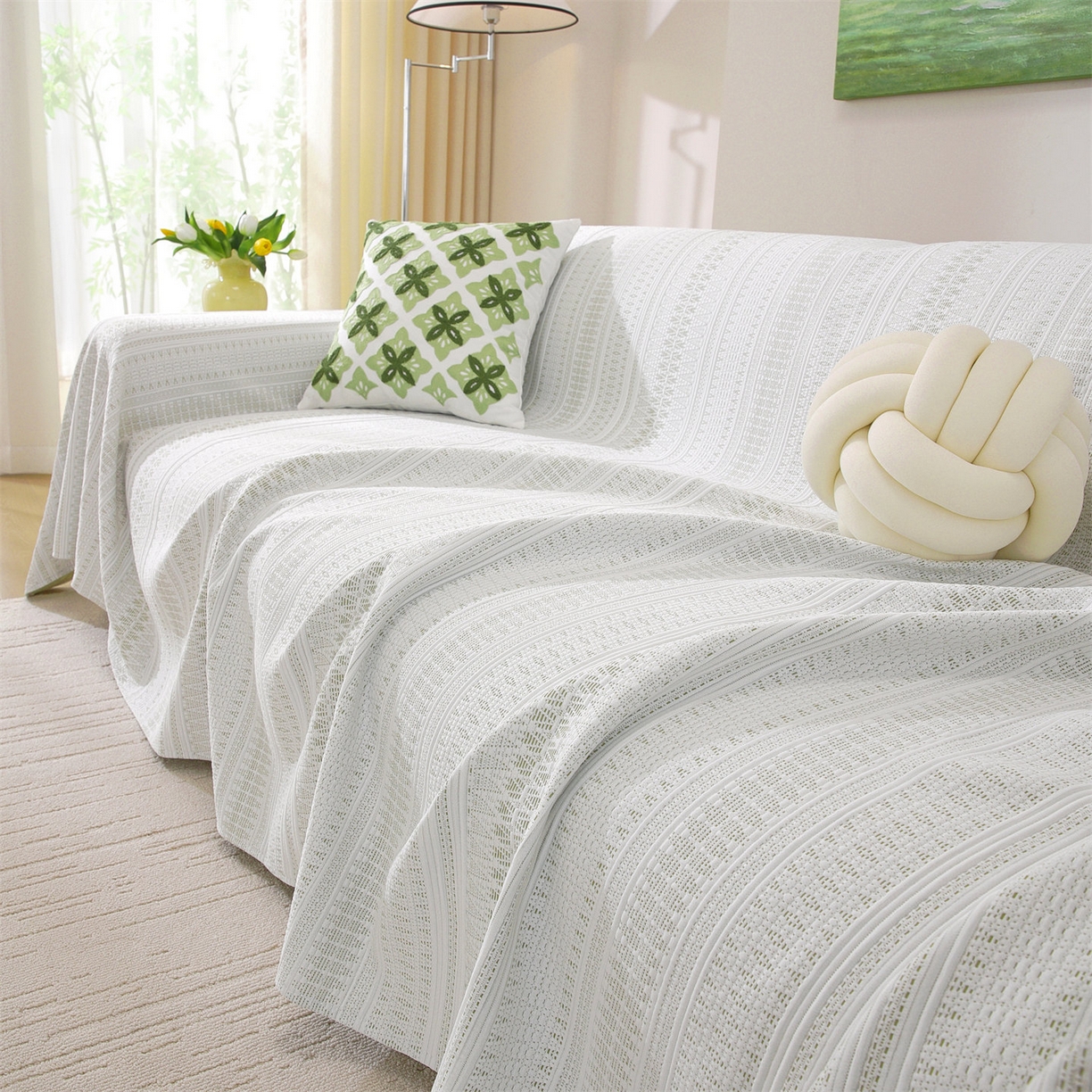 91家纺网 家纺一手货源 找家纺 共鸣沙发垫 2026新款冰豆豆沙发巾-几何人生系列 几何人生浅绿