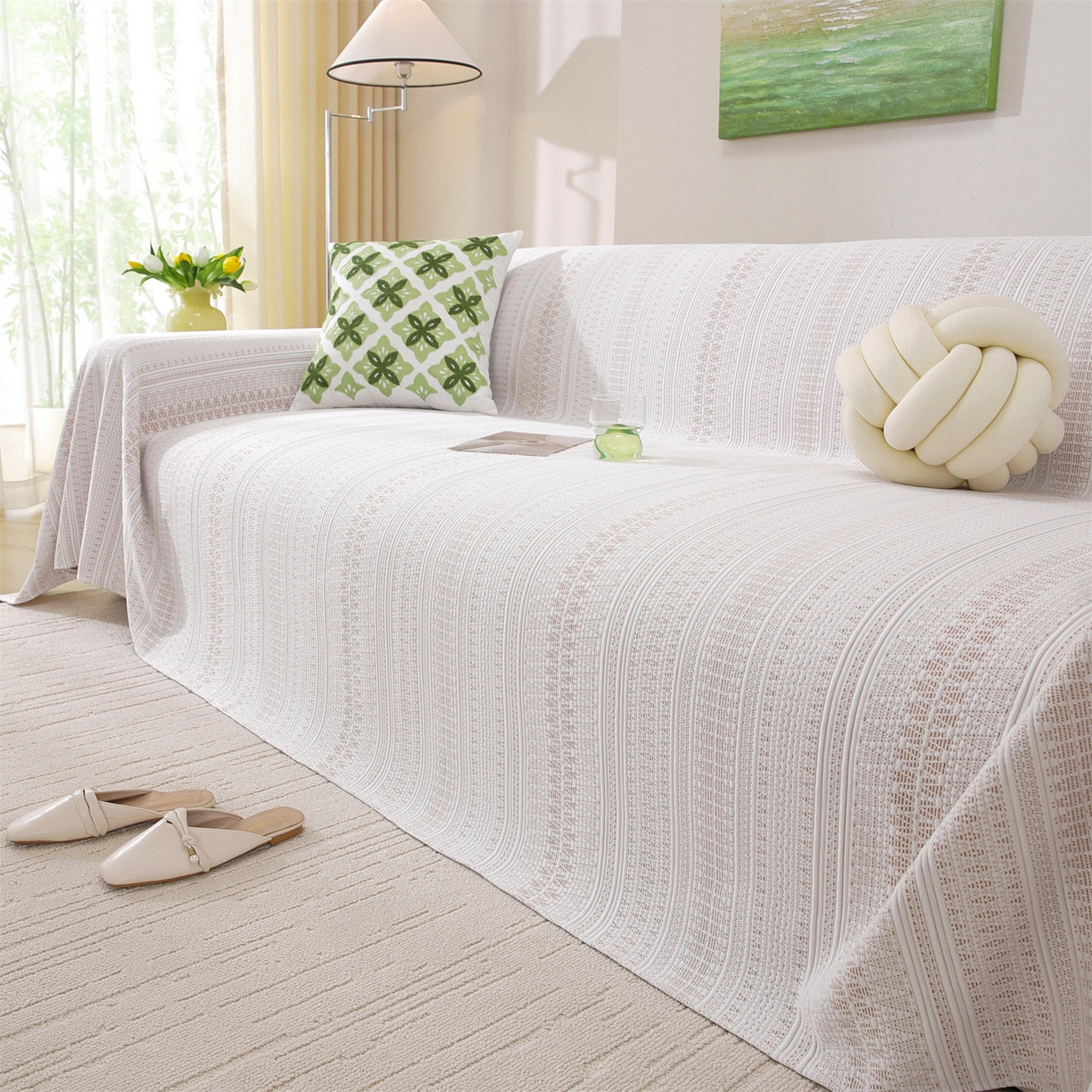 91家纺网 家纺一手货源 找家纺 共鸣沙发垫 2026新款冰豆豆沙发巾-几何人生系列 几何人生浅咖