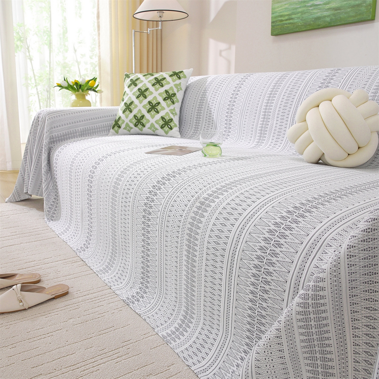 91家纺网 家纺一手货源 找家纺 共鸣沙发垫 2026新款冰豆豆沙发巾-几何人生系列 几何人生浅灰