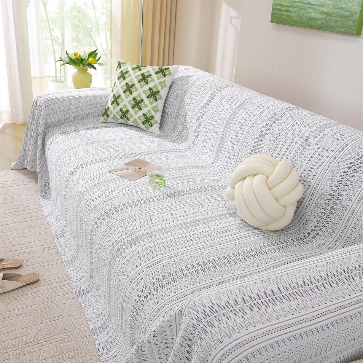 91家纺网 家纺一手货源 找家纺 共鸣沙发垫 2026新款冰豆豆沙发巾-几何人生系列 几何人生浅灰