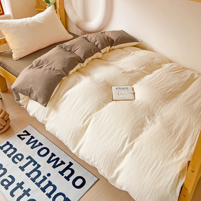 欧妮家纺 2025新款纯色双拼水洗棉四件套学生宿舍上下铺床单被套三件套床上用品-【含买家秀】 双拼系列-奶黄咖