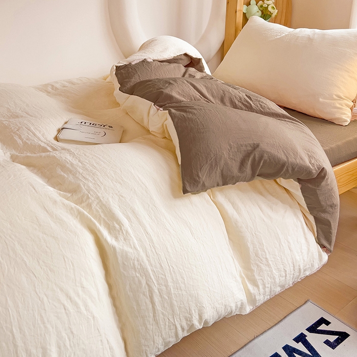 91家纺网 家纺一手货源 找家纺 欧妮家纺 2025新款纯色双拼水洗棉四件套学生宿舍上下铺床单被套三件套床上用品-【含买家秀】 双拼系列-奶黄咖