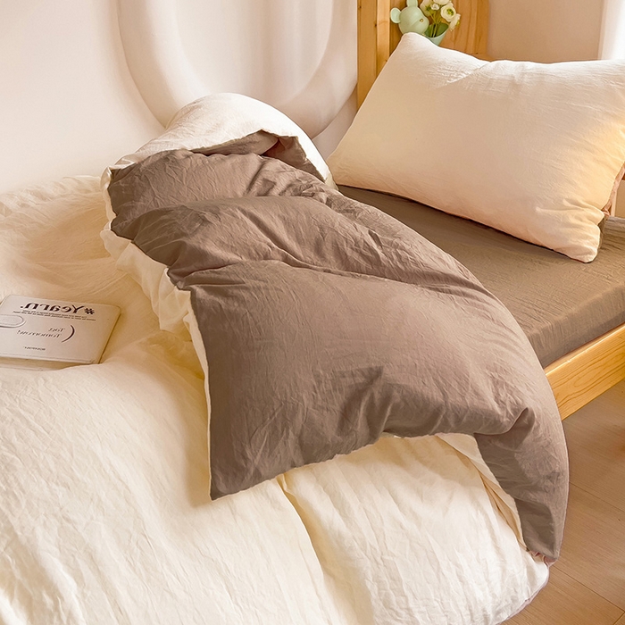 91家纺网 家纺一手货源 找家纺 欧妮家纺 2025新款纯色双拼水洗棉四件套学生宿舍上下铺床单被套三件套床上用品-【含买家秀】 双拼系列-奶黄咖