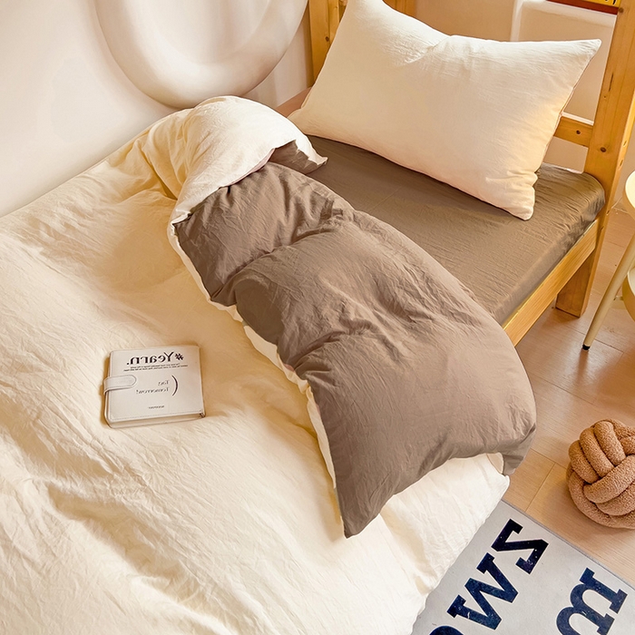 91家纺网 家纺一手货源 找家纺 欧妮家纺 2025新款纯色双拼水洗棉四件套学生宿舍上下铺床单被套三件套床上用品-【含买家秀】 双拼系列-奶黄咖