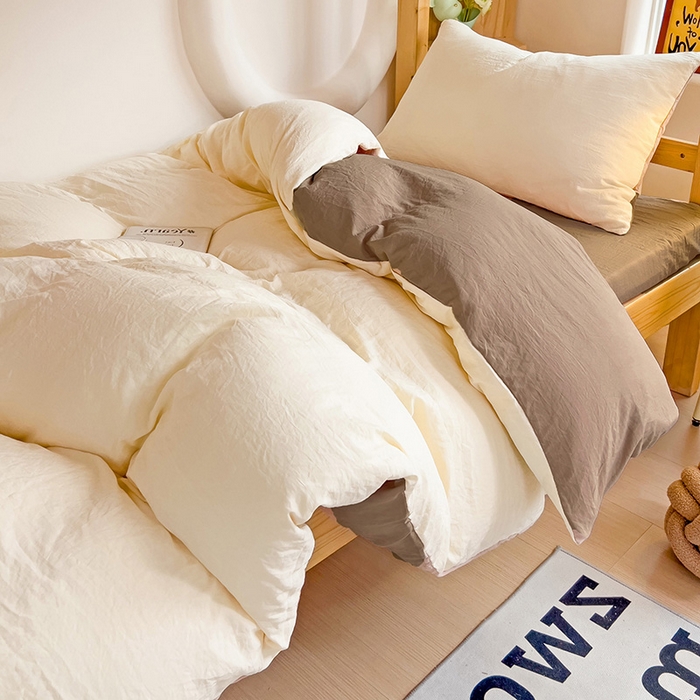 91家纺网 家纺一手货源 找家纺 欧妮家纺 2025新款纯色双拼水洗棉四件套学生宿舍上下铺床单被套三件套床上用品-【含买家秀】 双拼系列-奶黄咖