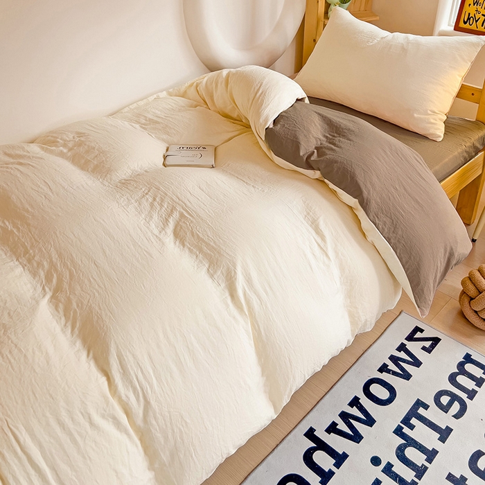 91家纺网 家纺一手货源 找家纺 欧妮家纺 2025新款纯色双拼水洗棉四件套学生宿舍上下铺床单被套三件套床上用品-【含买家秀】 双拼系列-奶黄咖