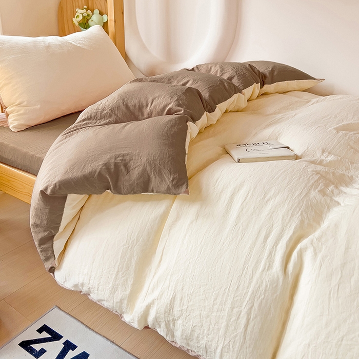 91家纺网 家纺一手货源 找家纺 欧妮家纺 2025新款纯色双拼水洗棉四件套学生宿舍上下铺床单被套三件套床上用品-【含买家秀】 双拼系列-奶黄咖