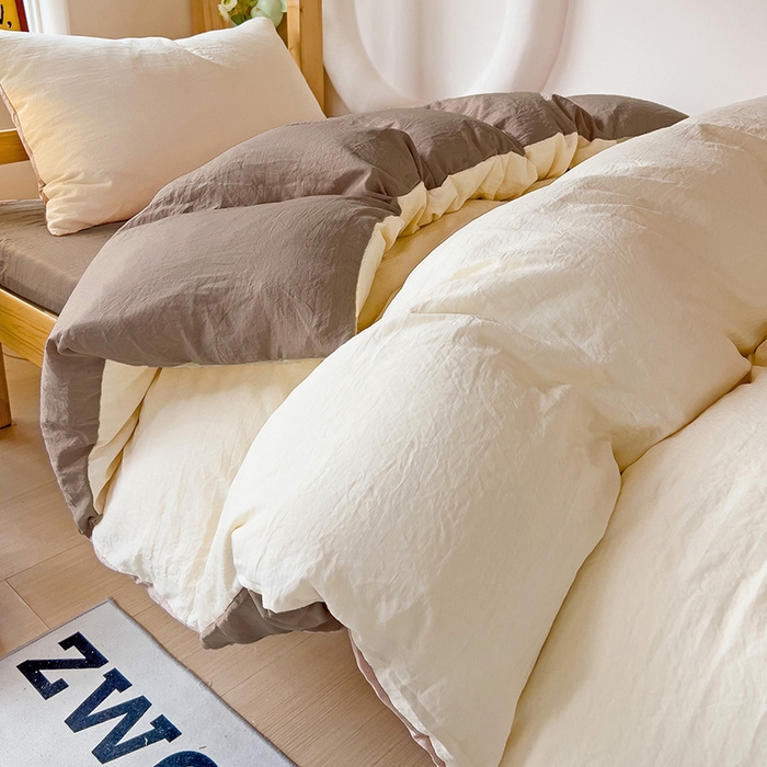 91家纺网 家纺一手货源 找家纺 欧妮家纺 2025新款纯色双拼水洗棉四件套学生宿舍上下铺床单被套三件套床上用品-【含买家秀】 双拼系列-奶黄咖