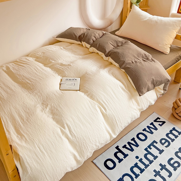 91家纺网 家纺一手货源 找家纺 欧妮家纺 2025新款纯色双拼水洗棉四件套学生宿舍上下铺床单被套三件套床上用品-【含买家秀】 双拼系列-奶黄咖