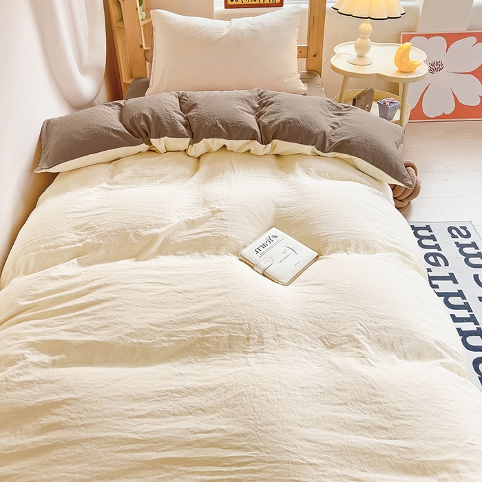 91家纺网 家纺一手货源 找家纺 欧妮家纺 2025新款纯色双拼水洗棉四件套学生宿舍上下铺床单被套三件套床上用品-【含买家秀】 双拼系列-奶黄咖