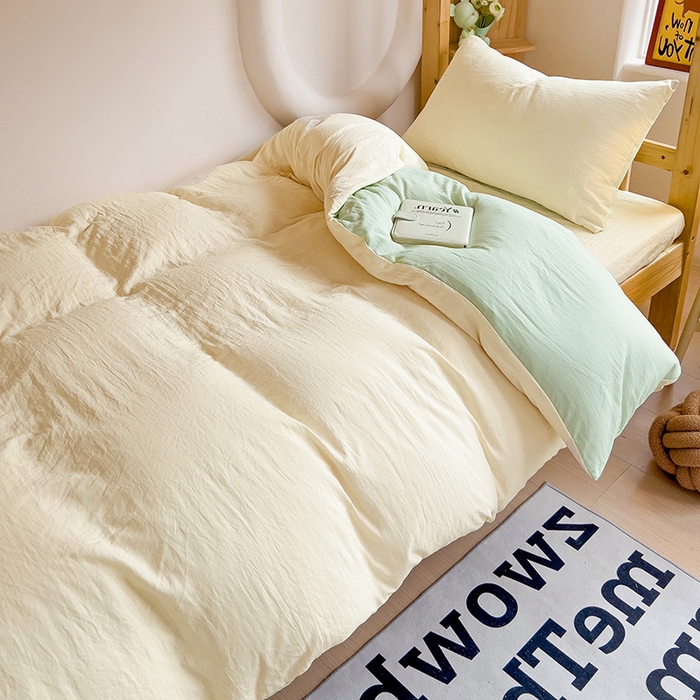 91家纺网 家纺一手货源 找家纺 欧妮家纺 2025新款纯色双拼水洗棉四件套学生宿舍上下铺床单被套三件套床上用品-【含买家秀】 双拼系列-奶黄绿