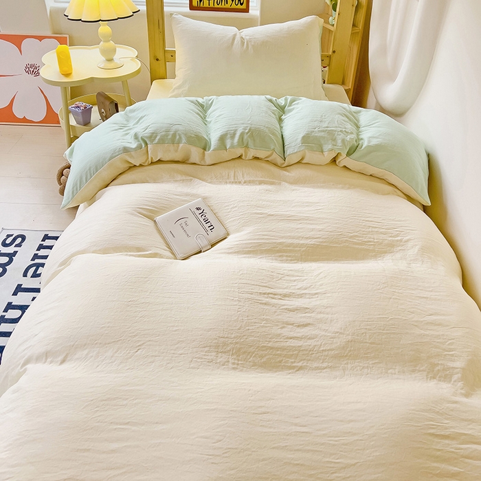 91家纺网 家纺一手货源 找家纺 欧妮家纺 2025新款纯色双拼水洗棉四件套学生宿舍上下铺床单被套三件套床上用品-【含买家秀】 双拼系列-奶黄绿