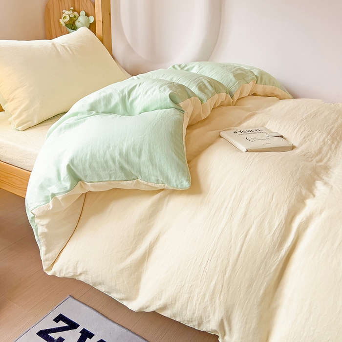 91家纺网 家纺一手货源 找家纺 欧妮家纺 2025新款纯色双拼水洗棉四件套学生宿舍上下铺床单被套三件套床上用品-【含买家秀】 双拼系列-奶黄绿