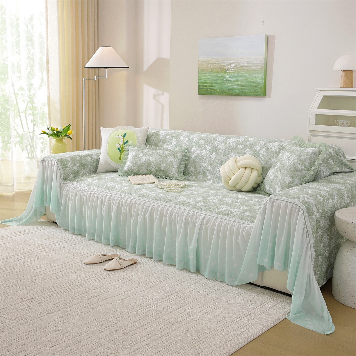 91家纺网 家纺一手货源 找家纺 共鸣沙发垫 2026新款凉感沙发巾-玫瑰 玫瑰绿色