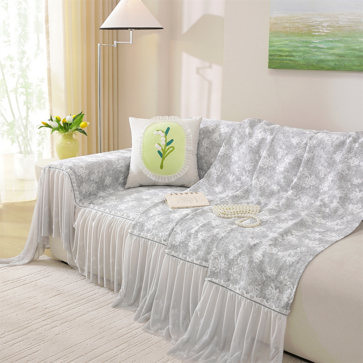 91家纺网 家纺一手货源 找家纺 共鸣沙发垫 2026新款凉感沙发巾-玫瑰 玫瑰灰色