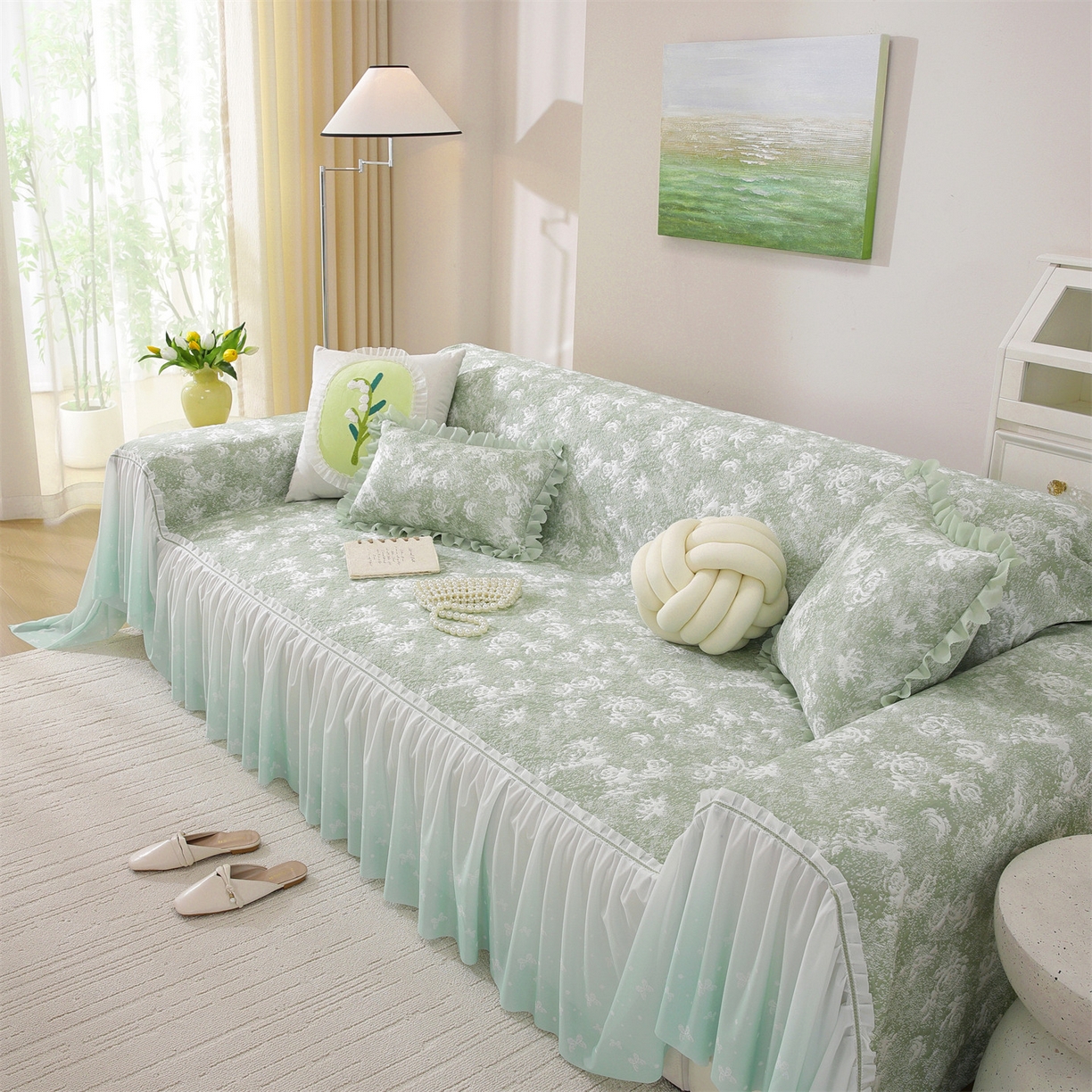 91家纺网 家纺一手货源 找家纺 共鸣沙发垫 2026新款凉感沙发巾-玫瑰 玫瑰绿色