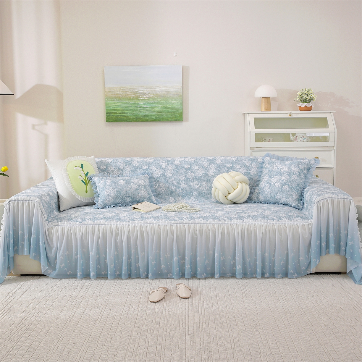 91家纺网 家纺一手货源 找家纺 共鸣沙发垫 2026新款凉感沙发巾-玫瑰 玫瑰蓝色