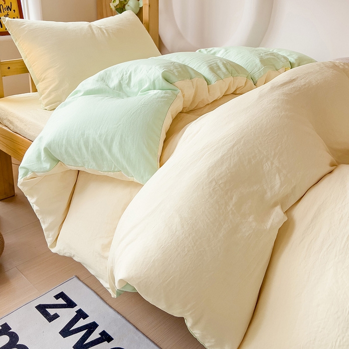 91家纺网 家纺一手货源 找家纺 欧妮家纺 2025新款纯色双拼水洗棉四件套学生宿舍上下铺床单被套三件套床上用品-【含买家秀】 双拼系列-奶黄绿