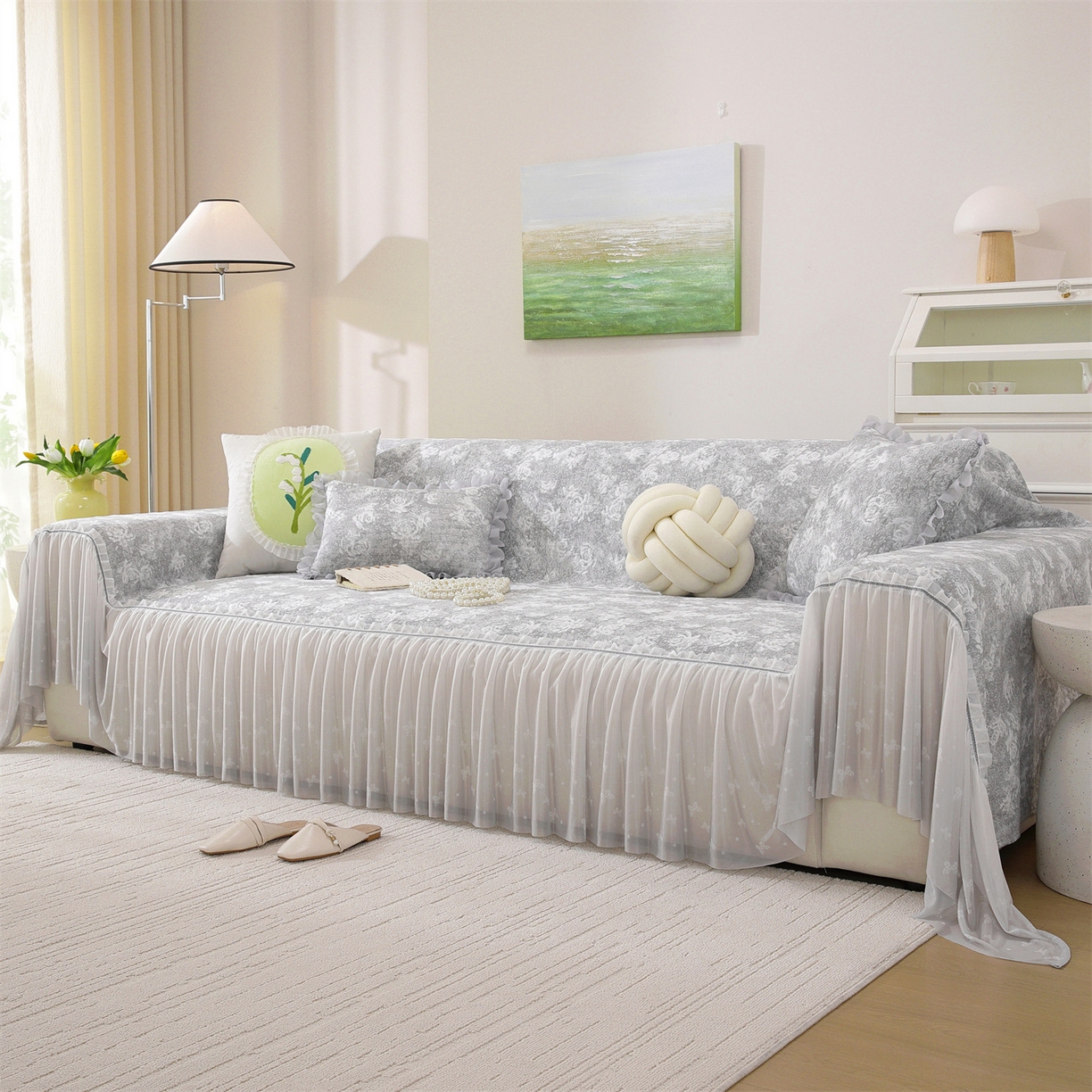 91家纺网 家纺一手货源 找家纺 共鸣沙发垫 2026新款凉感沙发巾-玫瑰 玫瑰灰色