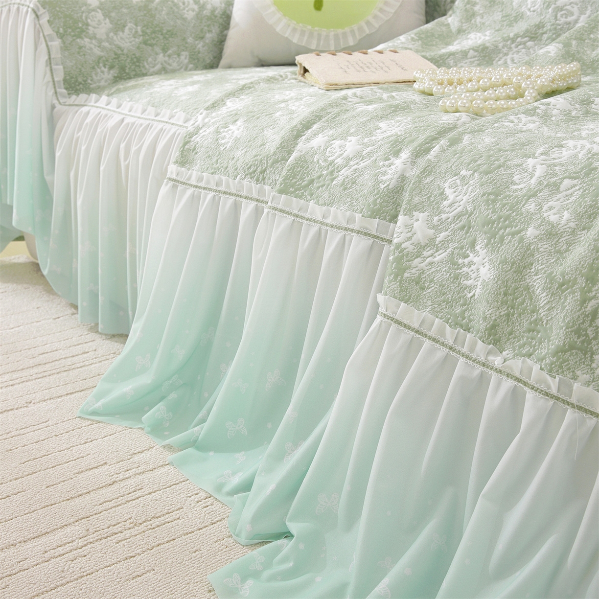 91家纺网 家纺一手货源 找家纺 共鸣沙发垫 2026新款凉感沙发巾-玫瑰 玫瑰绿色