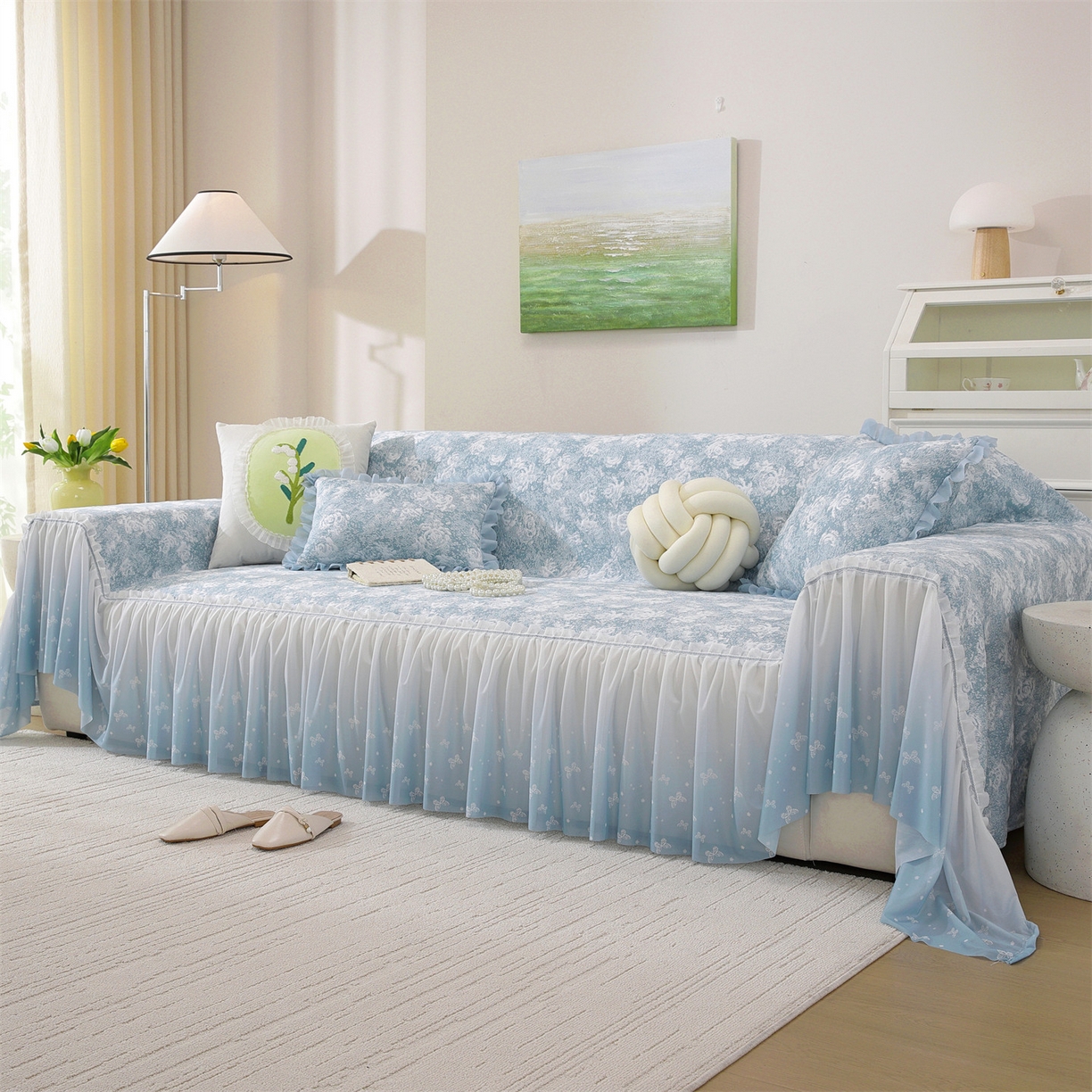 91家纺网 家纺一手货源 找家纺 共鸣沙发垫 2026新款凉感沙发巾-玫瑰 玫瑰蓝色