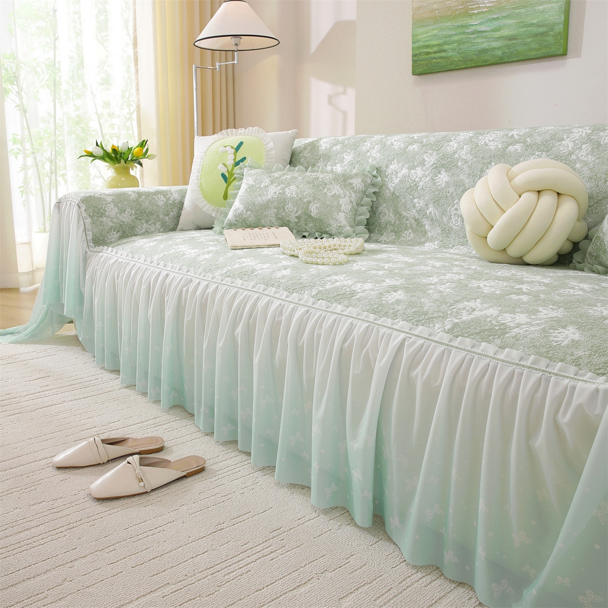 91家纺网 家纺一手货源 找家纺 共鸣沙发垫 2026新款凉感沙发巾-玫瑰 玫瑰绿色