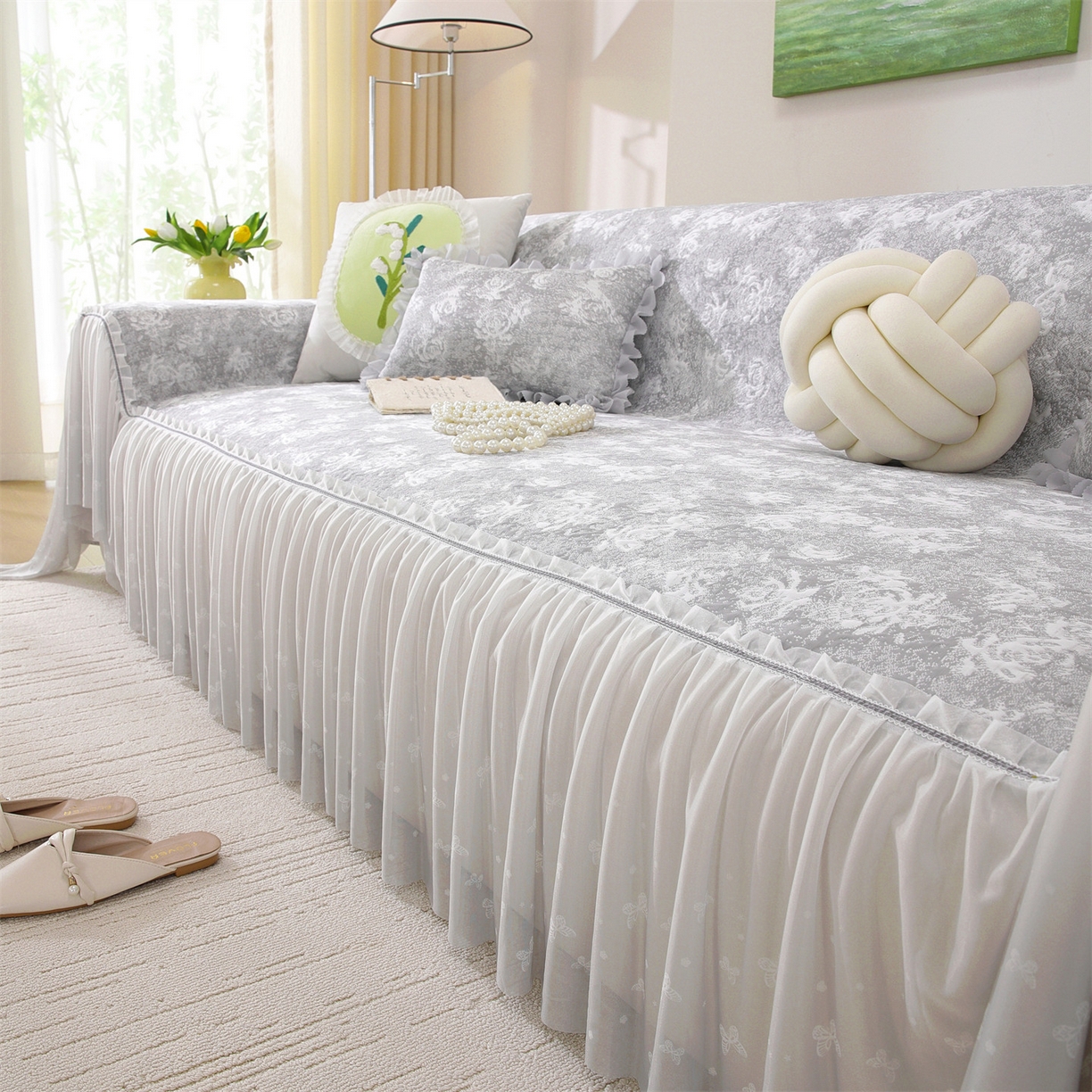 91家纺网 家纺一手货源 找家纺 共鸣沙发垫 2026新款凉感沙发巾-玫瑰 玫瑰灰色