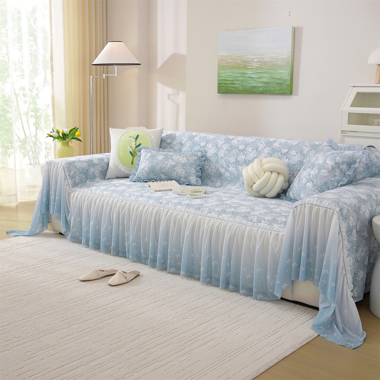 91家纺网 家纺一手货源 找家纺 共鸣沙发垫 2026新款凉感沙发巾-玫瑰 玫瑰蓝色