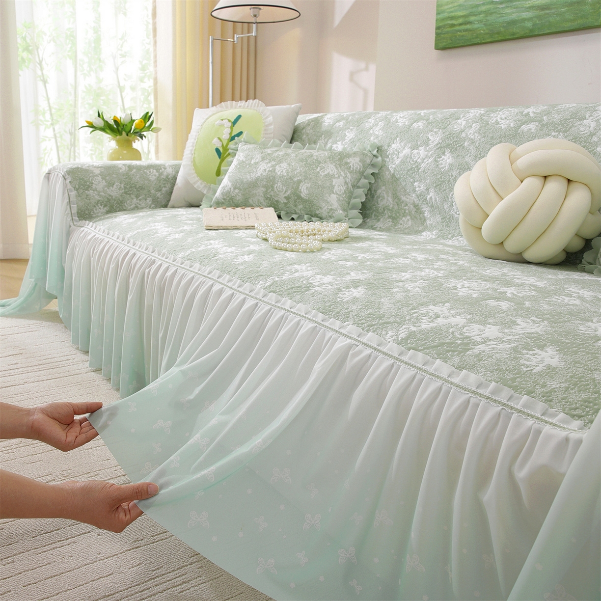 共鸣沙发垫 2026新款凉感沙发巾-玫瑰 玫瑰绿色