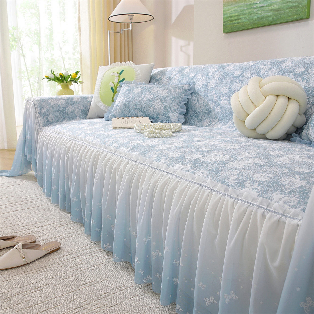 91家纺网 家纺一手货源 找家纺 共鸣沙发垫 2026新款凉感沙发巾-玫瑰 玫瑰蓝色