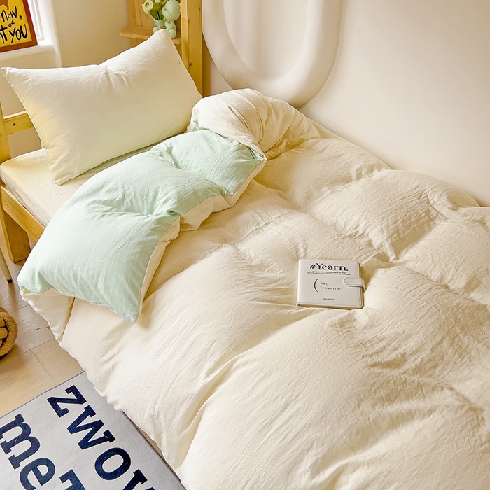 91家纺网 家纺一手货源 找家纺 欧妮家纺 2025新款纯色双拼水洗棉四件套学生宿舍上下铺床单被套三件套床上用品-【含买家秀】 双拼系列-奶黄绿