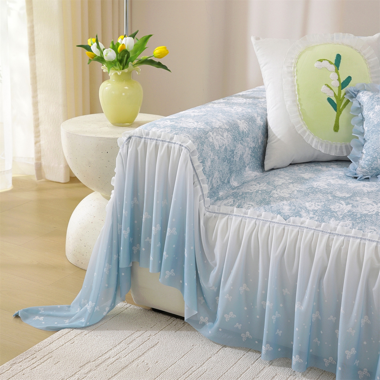 91家纺网 家纺一手货源 找家纺 共鸣沙发垫 2026新款凉感沙发巾-玫瑰 玫瑰蓝色