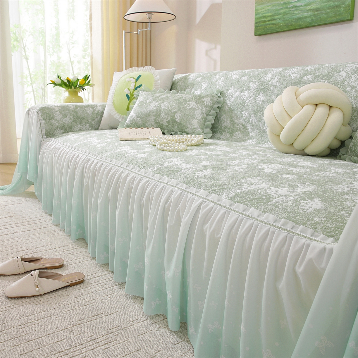 91家纺网 家纺一手货源 找家纺 共鸣沙发垫 2026新款凉感沙发巾-玫瑰 玫瑰绿色