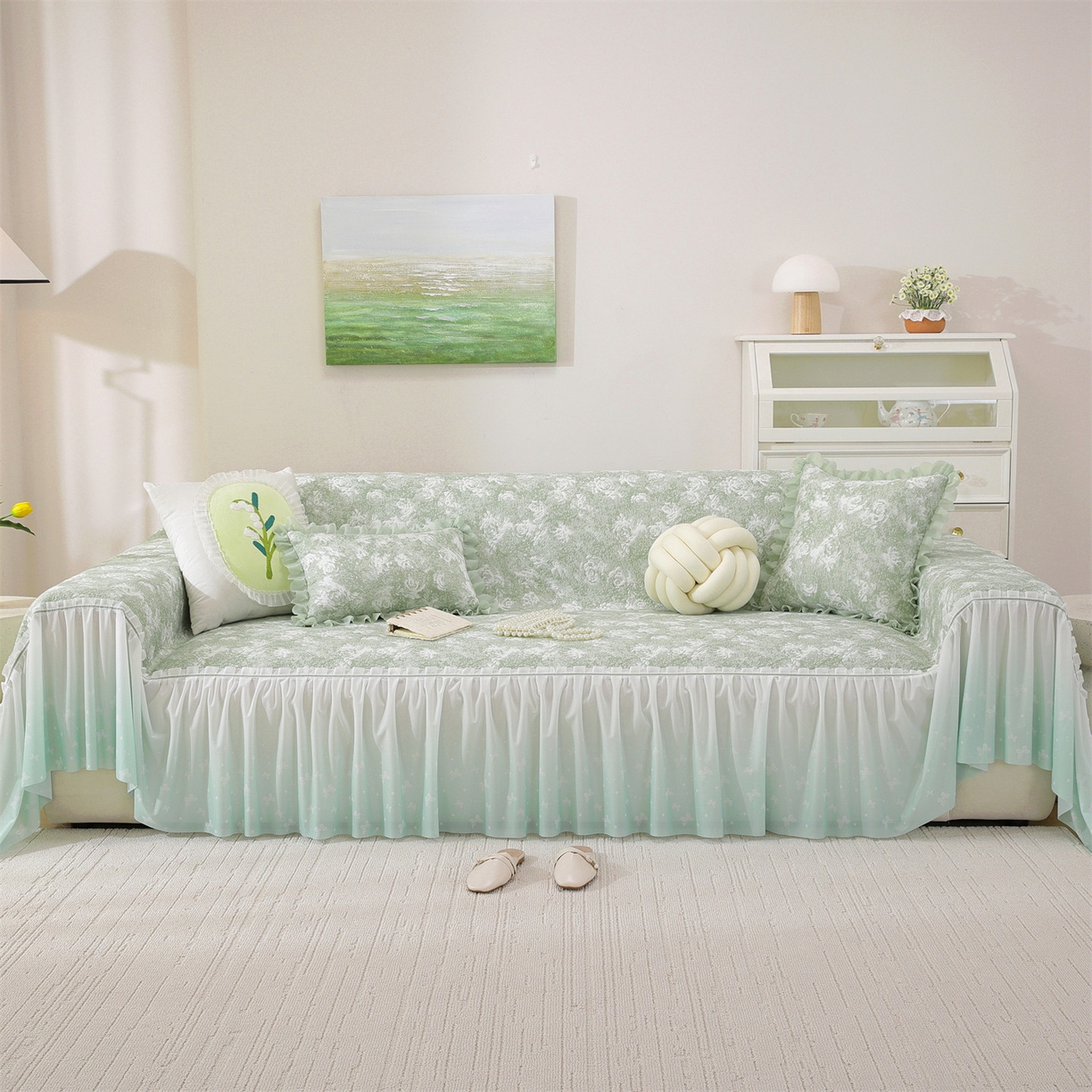 91家纺网 家纺一手货源 找家纺 共鸣沙发垫 2026新款凉感沙发巾-玫瑰 玫瑰绿色