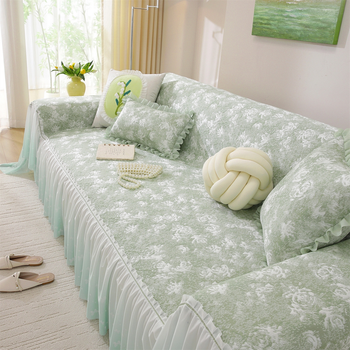 91家纺网 家纺一手货源 找家纺 共鸣沙发垫 2026新款凉感沙发巾-玫瑰 玫瑰绿色