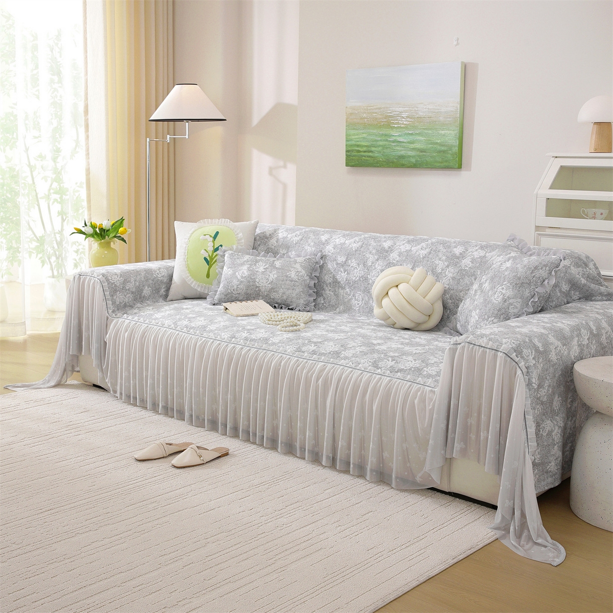 91家纺网 家纺一手货源 找家纺 共鸣沙发垫 2026新款凉感沙发巾-玫瑰 玫瑰灰色