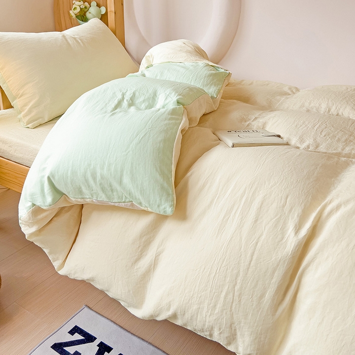 91家纺网 家纺一手货源 找家纺 欧妮家纺 2025新款纯色双拼水洗棉四件套学生宿舍上下铺床单被套三件套床上用品-【含买家秀】 双拼系列-奶黄绿