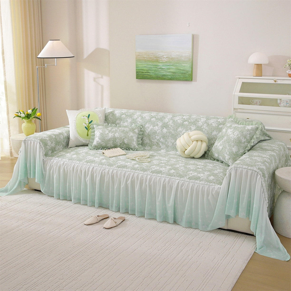 91家纺网 家纺一手货源 找家纺 共鸣沙发垫 2026新款凉感沙发巾-玫瑰 玫瑰绿色