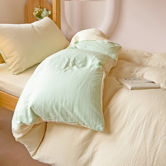 91家纺网 家纺一手货源 找家纺 欧妮家纺 2025新款纯色双拼水洗棉四件套学生宿舍上下铺床单被套三件套床上用品-【含买家秀】 双拼系列-奶黄绿