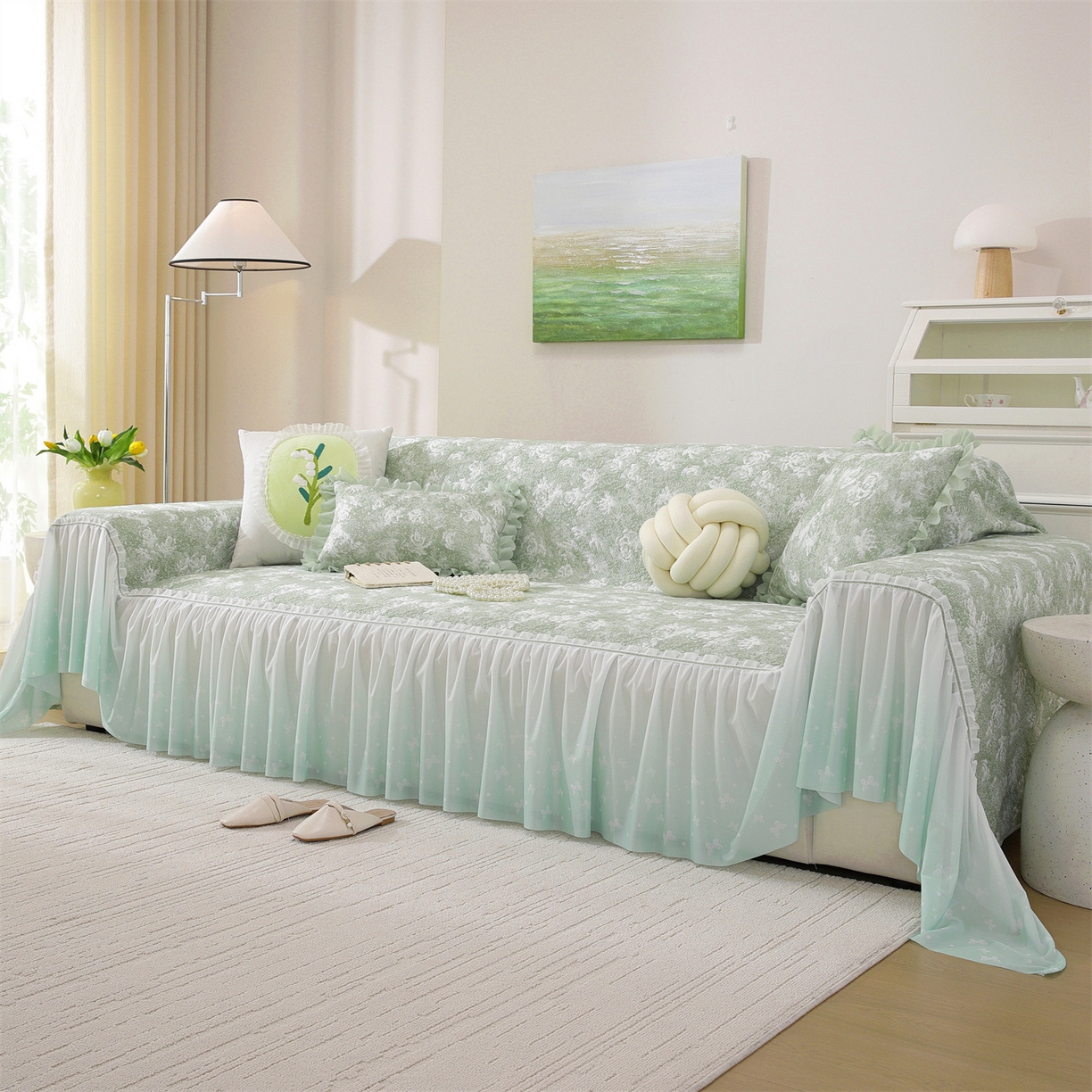 91家纺网 家纺一手货源 找家纺 共鸣沙发垫 2026新款凉感沙发巾-玫瑰 玫瑰绿色