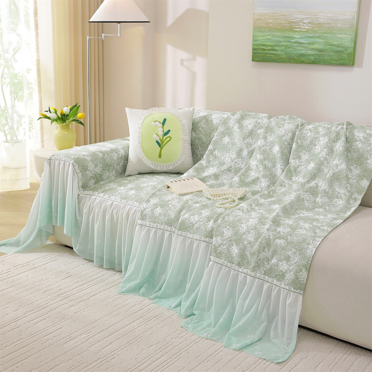 91家纺网 家纺一手货源 找家纺 共鸣沙发垫 2026新款凉感沙发巾-玫瑰 玫瑰绿色