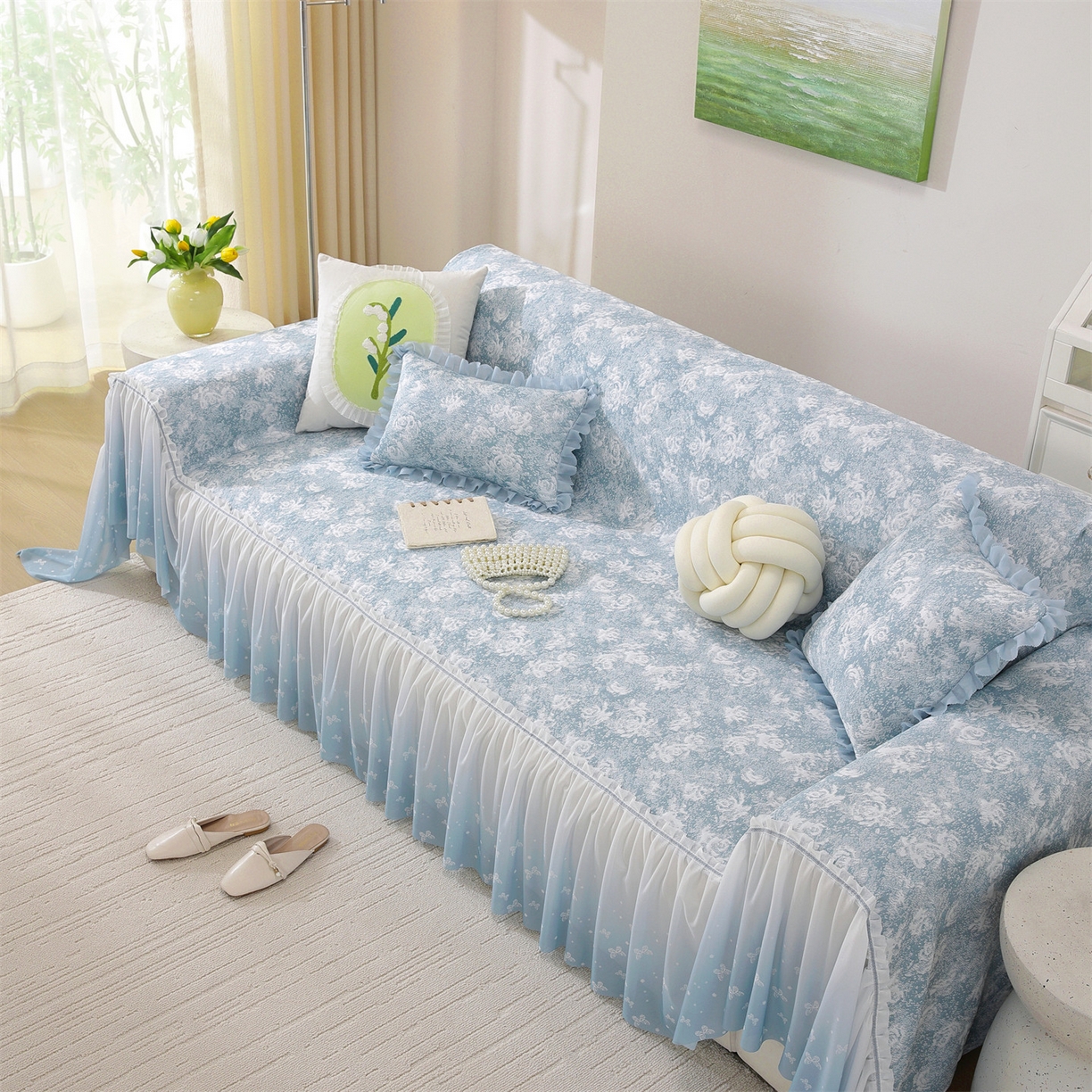 91家纺网 家纺一手货源 找家纺 共鸣沙发垫 2026新款凉感沙发巾-玫瑰 玫瑰蓝色