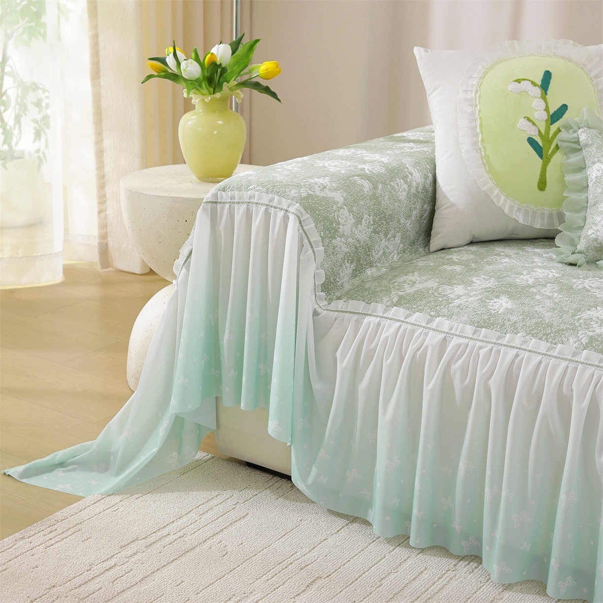 91家纺网 家纺一手货源 找家纺 共鸣沙发垫 2026新款凉感沙发巾-玫瑰 玫瑰绿色